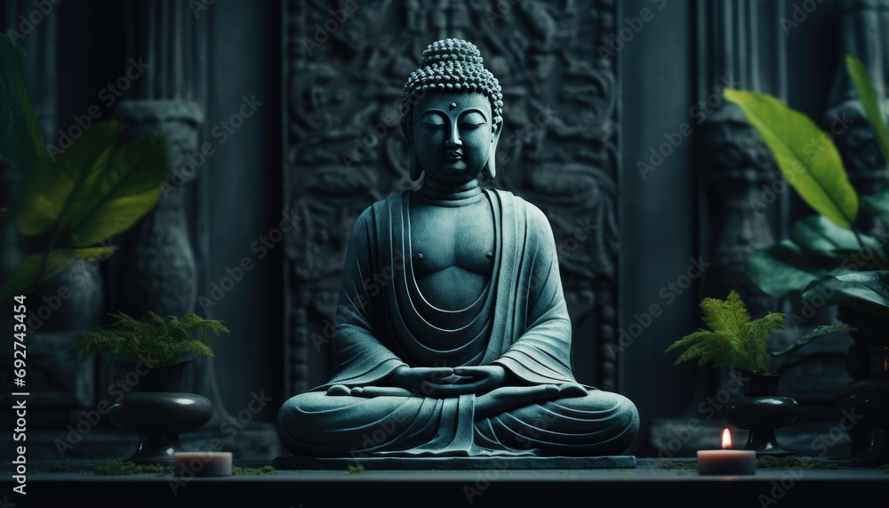 buddha sitting on the table against the wall of the building buddha sitting on the table against the wall of the building