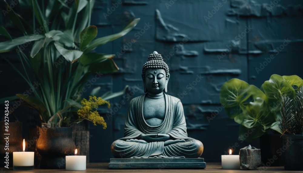 buddha sitting on the table against the wall of the building buddha sitting on the table against the wall of the building