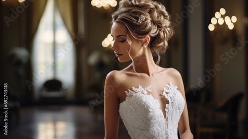 bride wearing an updo in white with white pearls photo
