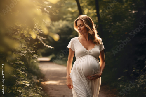 serene pregnant woman in a white dress walks through a forest path  her hands gently cradling her belly  surrounded by the soft glow of sunlight filtering through the trees