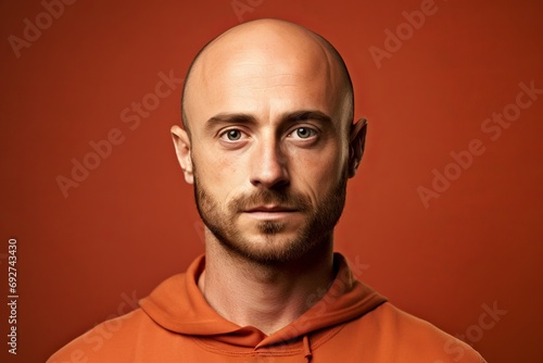 Portrait of a bald man with a beard on a red background. #692743430