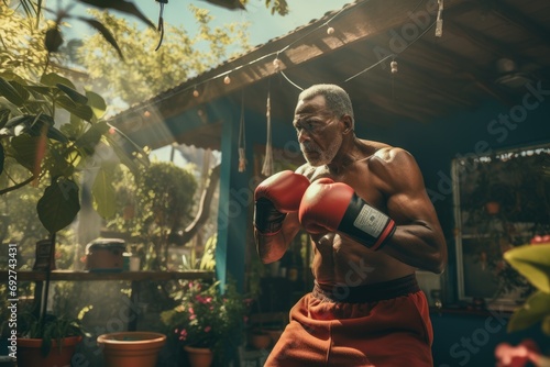 senior african american man with a seasoned boxer's physique poses confidently with red gloves in a sunlit, green fringed home gym, radiating experience and resilience