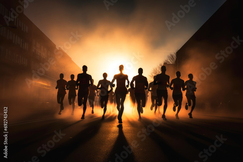 In the soft light of early morning, a group of silhouetted runners emerges through the fog, their disciplined strides synchronizing with the heartbeat of the waking city photo