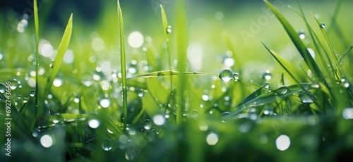 close up image of morning green grass with water drops