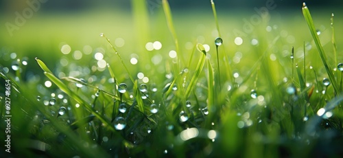 close up image of morning green grass with water drops