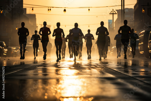 Captured in the golden glow of sunrise, a group of dedicated runners take to the city streets, their silhouettes defined against the backlight of a new day