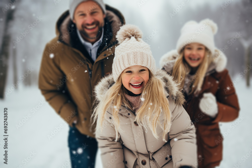 family having fun in snow with two children family having fun in snow with two children