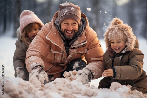 family having fun in snow with two children