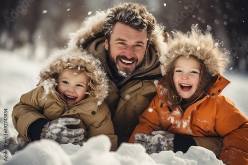 family having fun in snow with two children