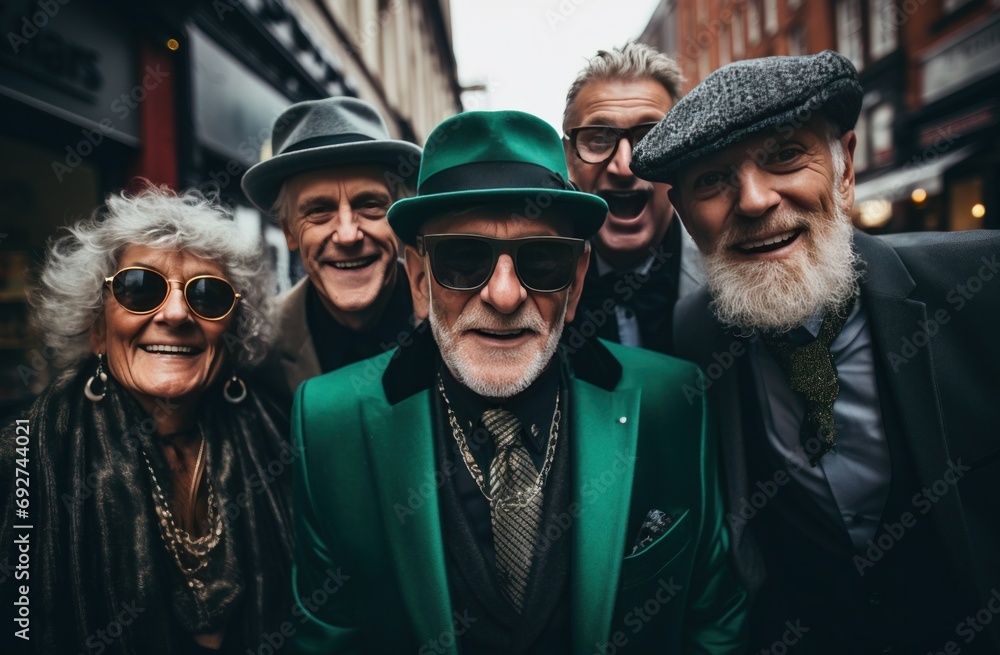 four elderly saint patrick's day citizens celebrating party with beer on a city street four elderly saint patrick's day citizens celebrating party with beer on a city street