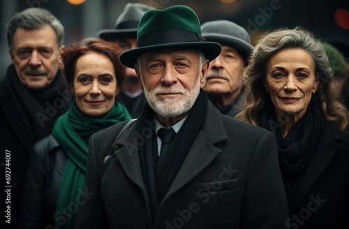 four elderly saint patrick's day citizens celebrating party with beer on a city street