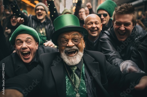 four elderly saint patrick's day citizens celebrating party with beer on a city street