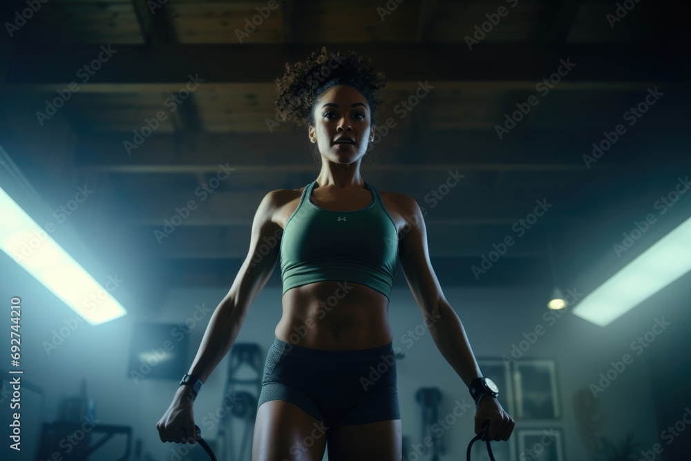 powerful young African American woman stands with jump ropes in a gym, her physique and stance exuding strength and focus under dramatic lighting