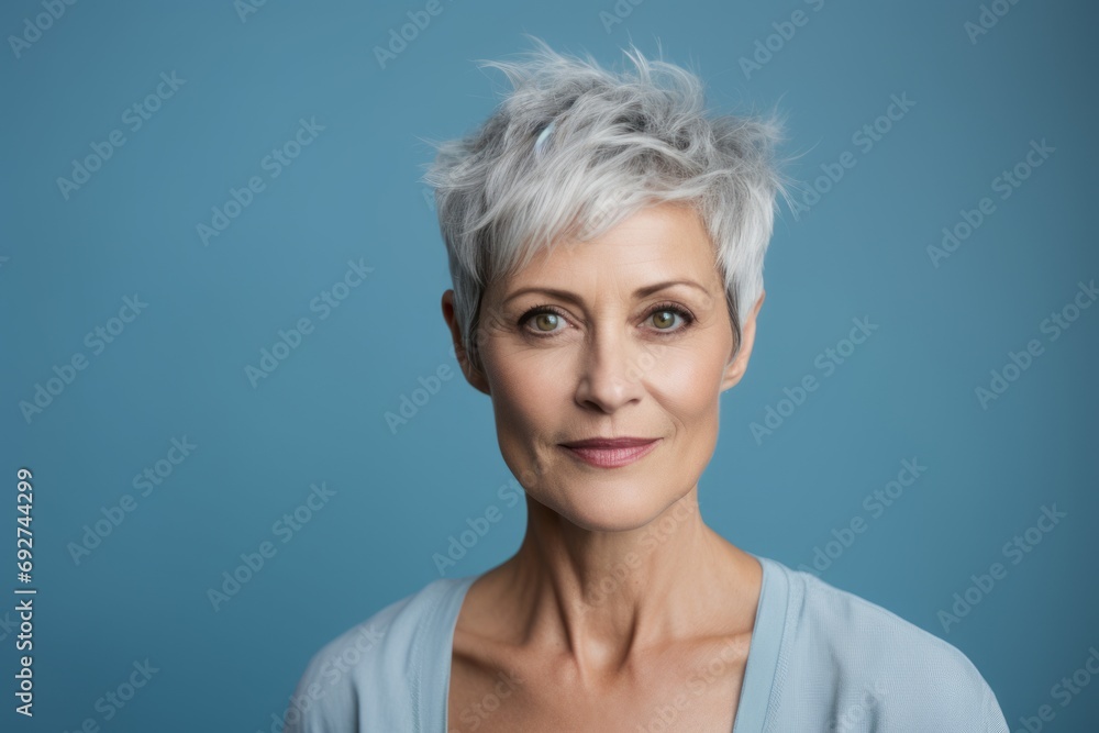 Portrait of beautiful middle aged woman with grey hair on blue background