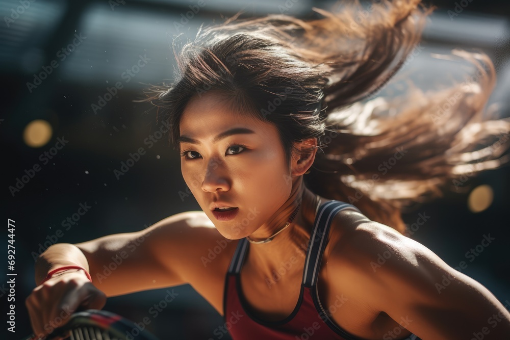 energetic young Asian woman intensely focused during a tennis match, her dynamic posture and determination evident in the action shot - obrazy, fototapety, plakaty 