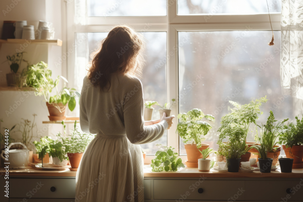 Back view of woman setting up a herb garden. Home gardening on kitchen. Home planting and food growing. Generative AI Back view of woman setting up a herb garden. Home gardening on kitchen. Home planting and food growing. Generative AI