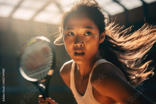energetic young Asian woman intensely focused during a tennis match, her dynamic posture and determination evident in the action shot photo
