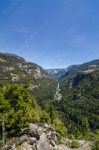 View of Yosemite valley in Yosemite National Park, shot on summer day with no clouds in the sky