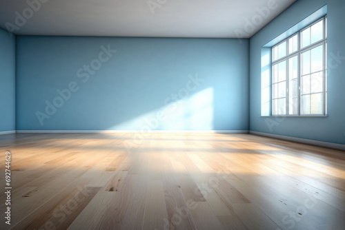 Living room with sunlight shine through a sliding door, wooden floor, blue wall. Generative AI