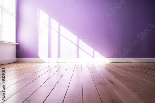 Living room with sunlight shine through a sliding door, wooden floor, violet wall. Generative AI