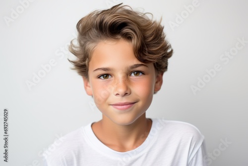 Closeup portrait of a cute little boy with curly hair, isolated on gray background