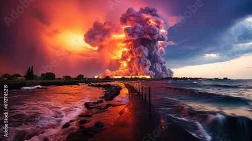 Surreal volcanic landscape, jagged black lava rock formations, bubbling geothermal pools, geysers erupting in the distance, vibrant orange glow, dramatic cloudscape 