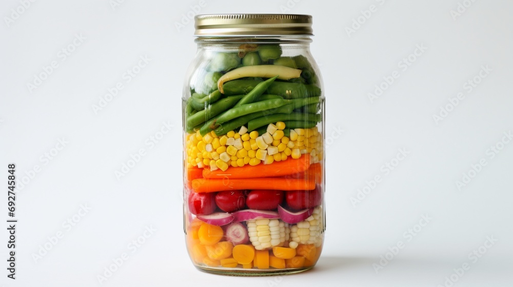 A jar of fermented mixed vegetables, showcasing a rainbow of colors from carrots, peas, and corn, against a white background A jar of fermented mixed vegetables, showcasing a rainbow of colors from carrots, peas, and corn, against a white background