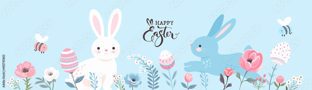 Happy Easter banner. Easter design with typography, Flowers, plants, easter eggs, bunnies, rabbits in pastel colors. Modern minimal style. Horizontal poster, greeting card, header Happy Easter banner. Easter design with typography, Flowers, plants, easter eggs, bunnies, rabbits in pastel colors. Modern minimal style. Horizontal poster, greeting card, header