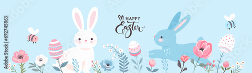 Happy Easter banner. Easter design with typography, Flowers, plants, easter eggs, bunnies, rabbits in pastel colors. Modern minimal style. Horizontal poster, greeting card, header