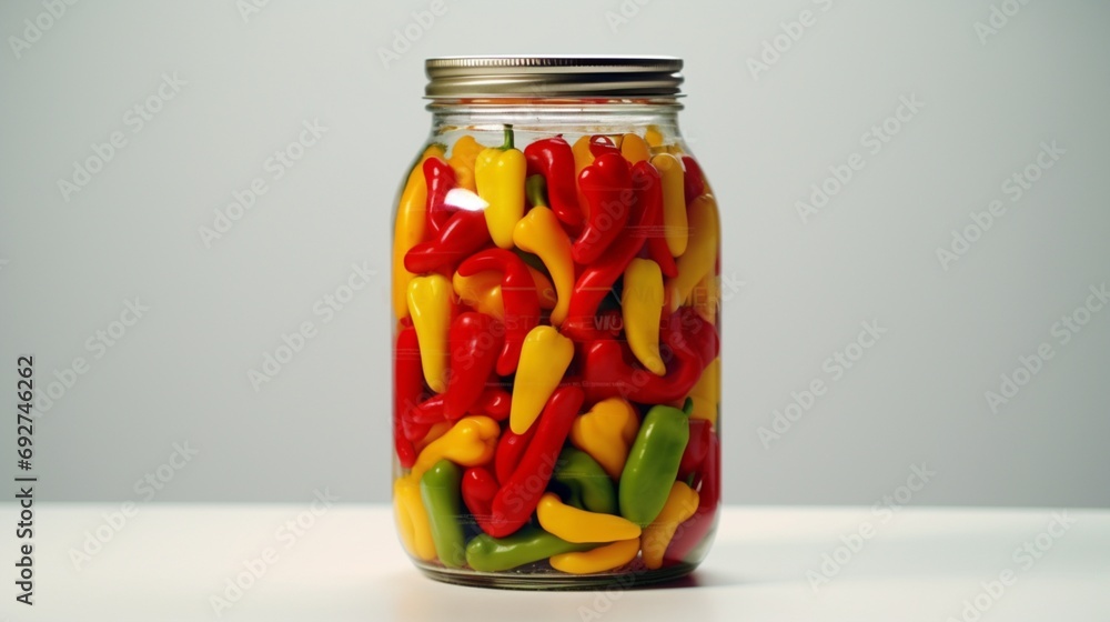 A jar with a unique blend of fermented colorful peppers, the myriad of reds, greens, and yellows vivid against the white backdrop A jar with a unique blend of fermented colorful peppers, the myriad of reds, greens, and yellows vivid against the white backdrop