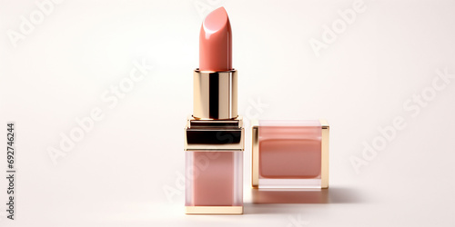 An peach fuzz color lipstick in a golden and pink case with its cap next to it on a white background. Make up a product photo shoot. Copy space.