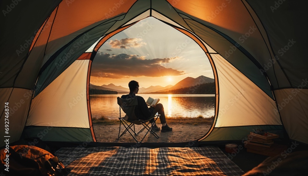 Morning tent view - camping at a lake shore, relaxing moment - obrazy, fototapety, plakaty 