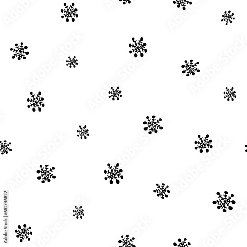 New year black and white seamless pattern with small silhouettes of snowflakes in naive scribble style. Greeting card, gift packaging., wrapping paper. Funny scrabble style collection for happy new