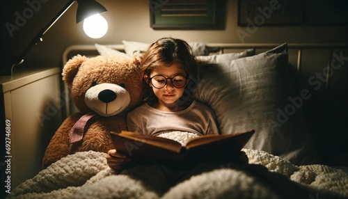 Young girl at bedtime in bedroom - reading book, childhood home, night scene