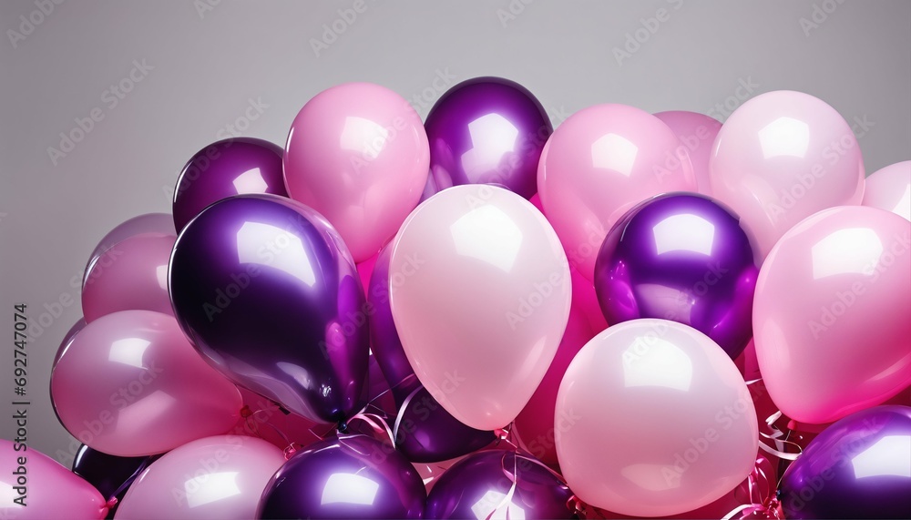 Beautiful purple and pink balloons in various birthday shapes, no background, set against white Beautiful purple and pink balloons in various birthday shapes, no background, set against white