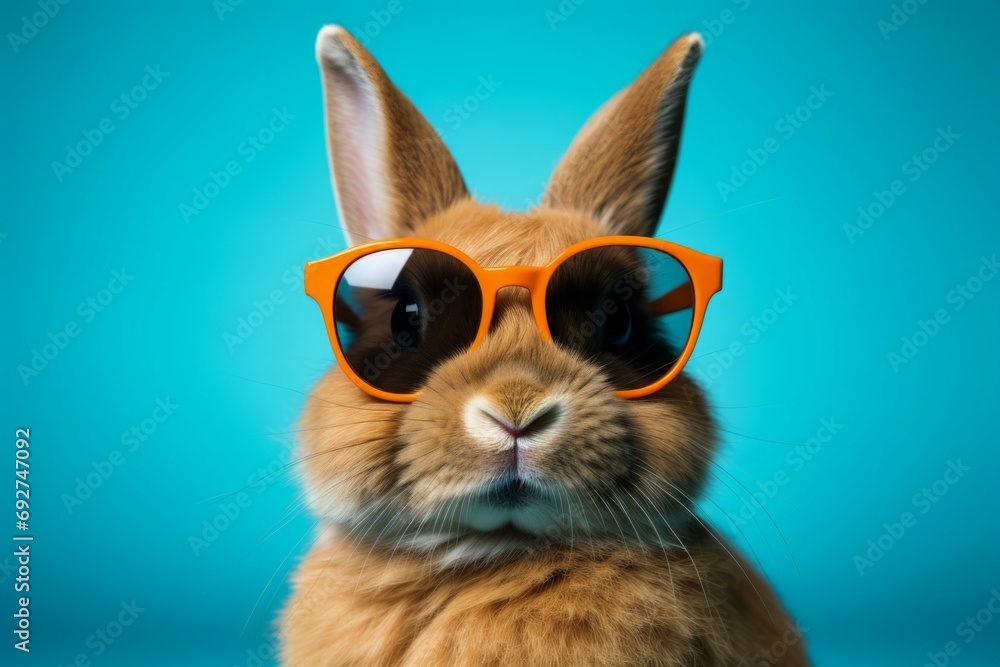 Cool bunny in glasses with selective focus and copy space