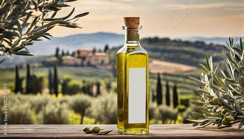 Healthy olive oil and olives set in nature - golden color, natural product photography