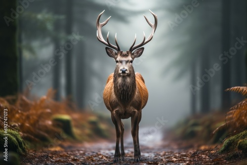 Deer on the road or highway. Background with selective focus and copy space