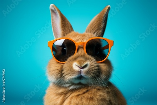 Cool bunny in glasses with selective focus and copy space