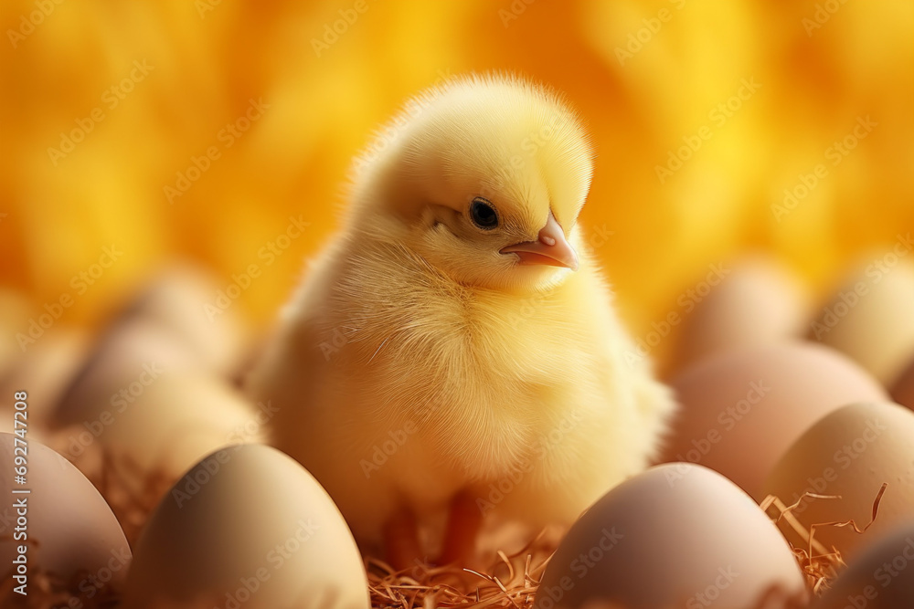 Cute Easter chicken. Background with selective focus and copy space