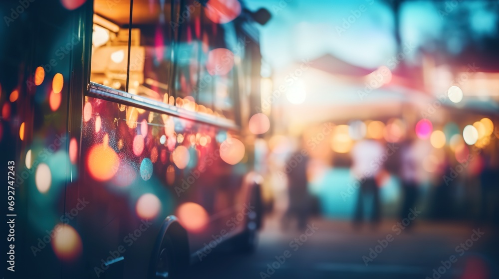 Generative AI, Food truck street festival, blurred lights background, atmospheric bokeh, muted colors - obrazy, fototapety, plakaty 