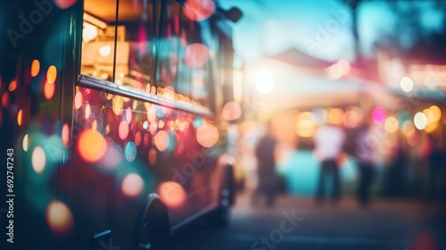 Generative AI, Food truck street festival, blurred lights background, atmospheric bokeh, muted colors photo