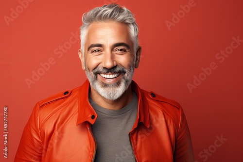 Portrait of smiling mature man in red leather jacket on red background.