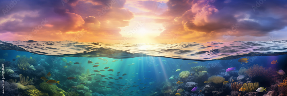 Long banner with underwater world and vivid sunset sky. Transparent deep water of the ocean or sea with rocks, fish and plants. - obrazy, fototapety, plakaty 