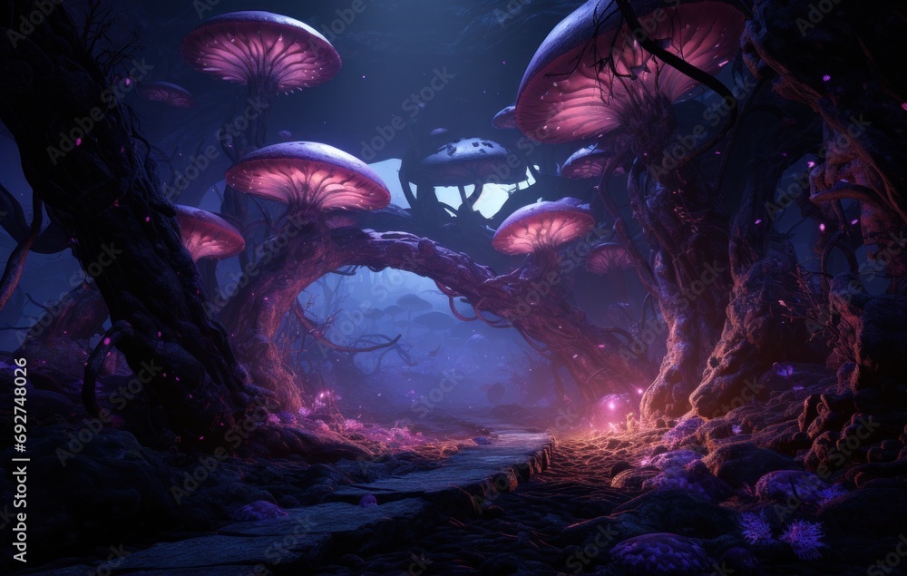 purple and blue mushrooms surrounded by lights near a tree purple and blue mushrooms surrounded by lights near a tree