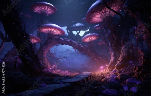 purple and blue mushrooms surrounded by lights near a tree