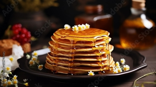 copy space, pancakes with honey. Lots of fritters on the plate. Hot pastries for breakfast. Against the background of the kitchen. flour high-calorie 