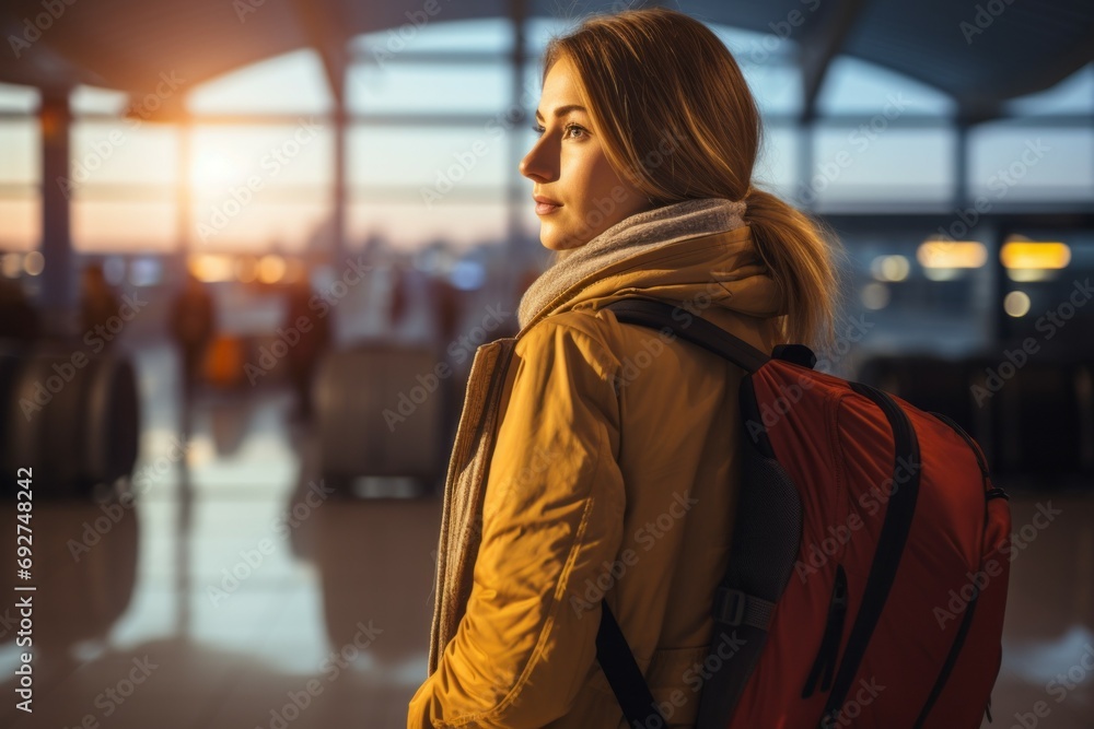 Woman at the airport. Background with selective focus and copy space Woman at the airport. Background with selective focus and copy space