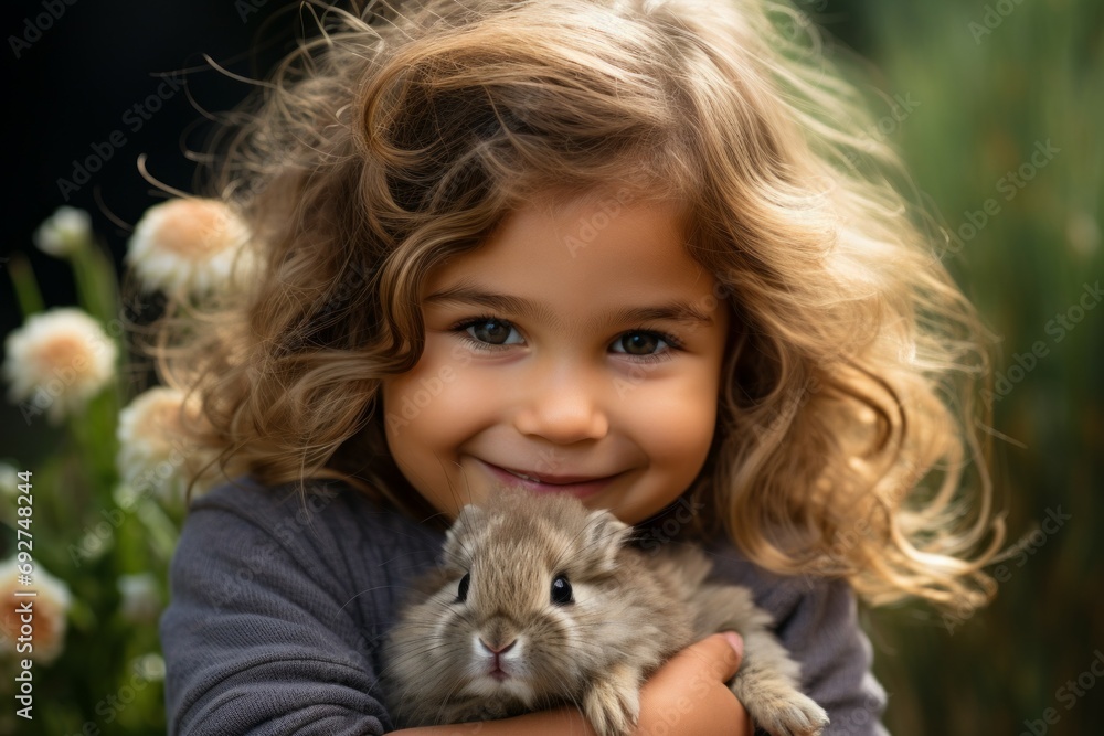 Happy child celebrates Easter. Background with selective focus and copy space Happy child celebrates Easter. Background with selective focus and copy space
