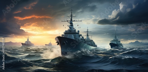 several warships sailing through the ocean with a stormy sky